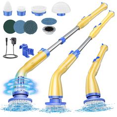 three different types of cleaning brush attachments with water splashing around them and various accessories