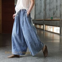 Womens Retro Jeans Baggy Trousers Casual Washed Denim Loose Wide Legs Long Pants | eBay Denim Wide Leg Pants, Wide Leg Pants Jeans, Denim Wide Leg, Elastic Waist Jeans, Retro Jeans, Jean Large, Baggy Trousers, Jeans Casual, Loose Jeans