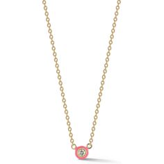 Sofer Jewelry - Single Diamond With Pink Enamel Bezel Necklace in 14K Yellow Gold Fine Jewelry Necklace With Smooth Bezel Round Pendant, Fine Jewelry Necklace With Smooth Bezel, Luxury Pink Jewelry With Bezel Setting, Round Smooth Bezel Fine Jewelry Necklace, White Gold Round Necklace With Smooth Bezel, 14k Pink Gold Pendant Necklaces, 14k Yellow Gold Necklace With Bezel Setting, Pink Gold 14k Pendant Necklaces, Fine Jewelry Yellow Gold With Smooth Bezel