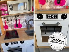 two pictures side by side with the same stove and oven in different stages of being used