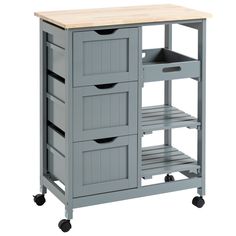 a gray kitchen island with drawers on wheels