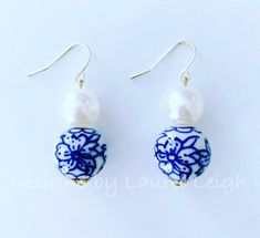 Chinoiserie Blue & White Floral Bead & Pearl Earrings - Ginger jar Bridal Earrings Blue, Handmade Blue Dangle Pearl Earrings, Elegant Round Earrings With Large Beads, Handmade Blue Pearl Drop Earrings, Handmade Round Bead Pearl Earrings For Weddings, Handmade Blue Pearl Earrings For Gift, Handmade Beaded Earrings With Round Beads For Wedding, Handmade Pearl Earrings With Round Beads For Wedding, Handmade Round Pearl Earrings For Wedding