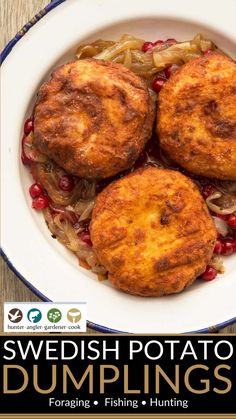 swedish potato dumplings with onions and pomegranates in a white bowl