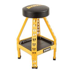 a yellow and black stool with the word dew on it's footrests