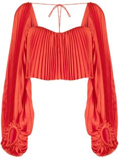 lava orange fully pleated sweetheart neck rear tie and concealed elasticated band long puff sleeves straight hem cropped Spring Evening Top With Elastic Sleeves, Spring Evening Tops With Elastic Sleeves, Evening Tops With Elastic Sleeves For Spring, Fitted Evening Tops With Pleated Sleeves, Fitted Evening Tops With Elastic Sleeves, Fitted Tops With Elastic Sleeves For Evening, Spring Crop Top With Blouson Sleeves, Summer Evening Tops With Gathered Sleeves, Spring Evening Tops With Pleated Sleeves