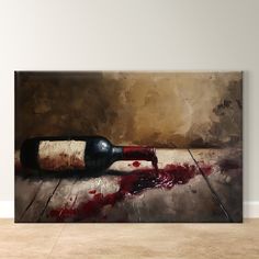 a painting of a bottle of wine with blood on the floor in front of it