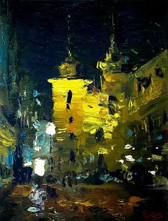 an oil painting of a city street at night