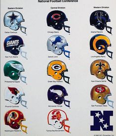 a poster with many different football helmets on it's front and back sides, including the logos of each nfl team