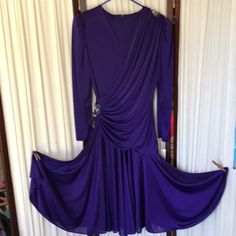 Pit To Pit 17.5” . Length 44.5” Purple Fitted Dress For Ballroom, Vintage Purple Knee-length Dress, Retro Purple Formal Dress, Purple Retro Formal Dress, Fitted Vintage Ballroom Dresses, Vintage Fitted Ballroom Dress, Vintage Fitted Dress For Ballroom, Maroon Floral Dress, Blue Asymmetrical Dress