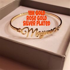 "Description:-  It will make you exciting to see your or your loved once name on this jewelry. Material: Stainless steel Plating: 18k Silver or Gold or Rose Gold Bangle Size : Adjustable  If you want Solid Rose gold, Gold or Yellow Gold, let us know we can also make that for you on request.  Great for a birthday gift, a gift for a friend, anniversary gift, or even a gift for yourself! → [How to process the order] 1. Please tell us the name and font number in the 'Personalization Box' Above For Example- Jasmine + Font 1 Note: if you do not choose a font, we will make same as picture font and select the finish, Size, etc from the menu option. 2. Now, click on \"Pay with Paypal\" OR \"Add to basket\" . At the checkout page, you can choose to either pay with your PayPal account or you can pay Gold Name Bracelet, Friend Anniversary, Unique Bangle, Rose Gold Bangle, Jewelry Dainty, Monogram Jewelry, Monogram Necklace, Bracelet Online, Initial Bracelet