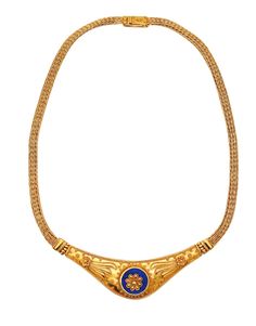 Greek revival necklace with lapis lazuli. Beautiful, Hellenistic necklace, made in Greece in the style of the ancient Greeks with floreated designs. This unusual necklace has been crafted in solid yellow gold of 22 karats with highly textured finish. The necklace is fitted with a woven chain and a push security boxed lock with a hinged figure 8 slash for extra safety. We have available in our other listings the pair of earrings in suite to this necklace. Lapis lazuli: Mounted in an inlaid settin Ancient Greek Necklace, Ancient Roman Jewelry Bead Necklaces, Traditional Gold Cabochon Necklaces, Traditional Blue Cabochon Necklace, Traditional Blue Cabochon Necklaces, Traditional Gold Lapis Lazuli Jewelry, Traditional Gold Jewelry With Lapis Lazuli, Ancient Greece Jewelry, Greece Necklace