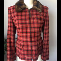 Ralph Lauren Lined Feminine Blazer With Front Zipper Beautiful Red Color Tailored Ralph Lauren Outerwear For Fall, Winter Tailored Ralph Lauren Outerwear, Fitted Ralph Lauren Fall Outerwear, Ralph Lauren Long Sleeve Winter Blazer, Winter Fitted Ralph Lauren Blazer, Feminine Blazer, Ralph Lauren Blazer, Fur Collar, Fur Collars