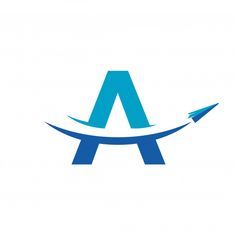 the letter a logo with an airplane flying above it, in blue and white colors