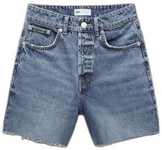 Zara Jeans For Summer, Zara Summer Jeans With Five Pockets, Chic Medium Wash Straight Leg Jean Shorts, Chic Short Denim Blue Jeans, Chic Straight Leg Denim Jean Shorts, Chic Denim Straight Leg Jean Shorts, Chic Short Length Blue Jeans, Chic Short-cut Blue Jeans, Chic Zara Jeans