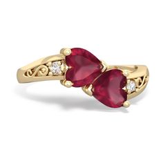 Two hearts, snuggled up against each other, in a warming 14K Gold embrace. This ring features beautiful heart shaped ruby and ruby gems. Accented by two dazzling diamonds, with an elegant filigree curve. You can customize this ring, perhaps choosing your loved one's favorite colors, or the birthstones of you and your love. Gem: Genuine Ruby Metal: solid 14K Gold Diamonds: genuine SI2 diamonds Free gift packaging is included with every order. Elegant Red Heart-shaped Diamond Ring, 14k Gold Ruby Ring For Valentine's Anniversary, Yellow Gold Ruby Promise Ring For Valentine's Day, Classic Birthstone Ring For Valentine's Day With Prong Setting, Yellow Gold Ruby Ring For Valentine's Day Promise, Heart Cut Ruby Ring In 14k Gold For Promise, Promise Heart Cut Ruby Ring In 14k Gold, Heart Cut Ruby Ring With Center Stone, Heart Cut Ruby Ring For Formal Occasions