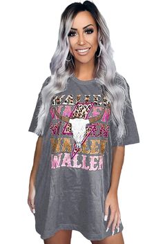 Gray Wallen Cowskull Graphic Oversized Tee Oversized Skull Print T-shirt For Fall, Oversized Casual Top With Skull Print, Casual Skull T-shirt For Fall, Fall Oversized T-shirt With Skull Print, Trendy Oversized Skull Print Tops, Trendy Oversized Tops With Skull Print, Style With Pants, Leopard Print Shorts, Cool Sleeves