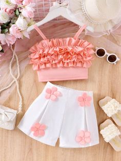 Playful Sleeveless Sets For Beach Season, Cute Spring Vacation Sets, Cute Spring Beach Sets, Cute Beach Sets For Spring, Pink Ruffled Sets For Vacation, Pink Ruffled Beach Sets, Pink Sleeveless Sets For Beach Season, Cute Pink Beach Sets, Playful Summer Party Sets