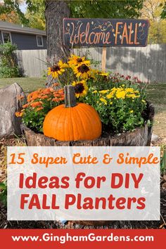 a wooden sign that says welcome fall with flowers and pumpkins in the center, on top of a tree stump