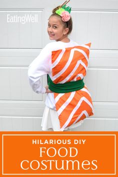 a woman wearing an orange and white costume with text overlay that reads, hilarious diy food costumes