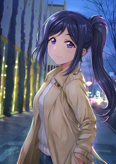 Kanan Matsuura, An Anime, Blue Hair, At Night, Purple