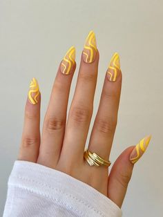 Graphic Almond Nails, La Inspired Nails, Mail Inspo Colorful, Nail Designs Festival, California Nails Acrylic, Yellow Stripe Nails, Almond Nails Designs Summer Green, Bright Yellow Nails Design, Edgy Spring Nail Designs