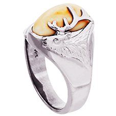 The North American elk has a unique pair of canines called buglers, whistlers or tusks. Rare and beautiful, this unique ivory is showcased on this sterling silver ring. A silver elk's head with antlers adorns one side of the ivory. Ring measures 1/8" at shank and the top design is 5/8"H x 9/16"W. Includes a wooden box. Women's whole sizes: 6-10. Elk Ivory, Elk Head, Head Ring, Top Design, Good Brands, Antlers, Outdoor Gear, Sterling Silver Ring, Home Gifts