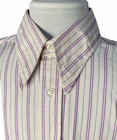 Vintage  1970’s McGregor "Scotset" Men’s Shirt Disco style long Collar  Size  15.5 (Medium)   Purple Stripe Permanent Press ( usually cotton and dacron)  Short  sleeve Chest pocket Please see all photos and compare to a well fitting garment for an accurate fit 70s Inspired Fashion Men, Company Photoshoot, Moon Museum, 70s Fashion Men, 1980s Men, Shirt Collars, Disco Style, 70s Shirts, 70s Inspired Fashion