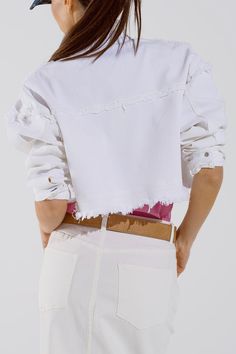 Step into the trendy world with our White Denim Cropped Jacket, adorned with multicolor flower details that add a bohemian flair. This jacket features chest pockets, a polo collar, button-down front, and raw edges for a stylish and edgy look. Made from a blend of 98% cotton and 2% elastane, it offers a comfortable stretch and a regular fit. The cropped length and long sleeves make it perfect for pairing with high-waisted jeans or a flowy skirt for a chic boho ensemble. Model Info: Model is weari White Cropped Jacket, Jacket Sleeves, White Denim Jacket, Edgy Look, Flowy Skirt, Cropped Jacket, Jeans Jumpsuit, Style Boho, Fit Style