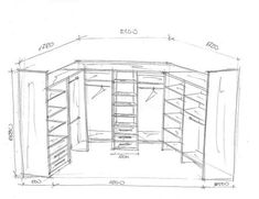 a drawing of a closet with shelves and drawers