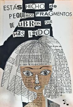 an altered collage of a woman's face with words on the back and sides