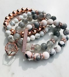 Stack of 4 Rose gold charms Agate, Howlite, and Electroplated Hematite Rose Gold Beads. Lip Jewelry, Pyrite Bracelet, Women Bracelets, Rose Gold Charms, Rose Gold Beads, Vintage Style Earrings, Gold Charms, Gold Statement Earrings, Skull Bracelet