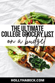 the ultimate college grocer list on a budget - conscious plate with text overlay that reads, the ultimate college grocer list on a budget