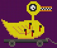 a pixellated image of a yellow duck on a skateboard