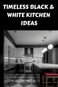 Timeless black and white kitchen with modern fixtures and checkered floor. Black N White Kitchen, Black White Kitchen Ideas, Black And White Kitchen Ideas, White Kitchen Designs, Monochrome Kitchen, White Kitchen Inspiration, White Kitchen Ideas, Kitchen Cabinet Inspiration, Dark Elements