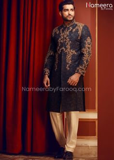 Embroidered Mens Sherwani in Navy Blue Color in Stylish design embellished with dabka, zardozi work. This Sherwani is looking so beautiful and best choice for groom for wedding event. Sherwani: Classy Sherwani in Navy Blue color is fully embellished with gold dabka, zari work on front side. Sherwani sleeves is embellished with dabka embroidery. Embroidered Mens Sherwani fabric is jamawar. Pajama: Embroidered Mens Sherwani is paired with White pajama which is giving charming look to sherwani. Fab Dabka Embroidery, Usa Wedding, Sherwani For Men Wedding, Dress Pakistani, Wedding Dresses Indian, Mehndi Dress, Mens Sherwani, Mens Measurements, White Pajamas