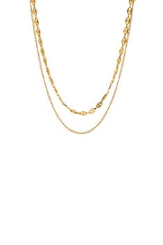 Enhance your jewelry collection with this bundle! A smart and stylish way to save while adding elegance to any outfit. The bundle includes two exquisite gold chains for a versatile and sophisticated look. Ideal for those seeking to elevate their style without overspending. MATERIAL: 18k PVD Gold plated, Stainless Steel SIZE: 18" ONE NECKLACE - TWO CHAINS Water resistant, tarnish resistant, hypoallergenic, & nickel/lead free. Elegant Gold Plated Chain Necklace With Adjustable Chain, Classic Double Chain Necklace For Layering, Elegant Double Chain Metal Necklace, Elegant Double Chain Link Necklace, Elegant Layered Link Chain Necklace, Elegant Metal Double Chain Necklace, Elegant Everyday Layered Necklace With Delicate Chain, Everyday Elegant Layered Chain Necklace, Gold Plated Figaro Chain Necklace For Layering