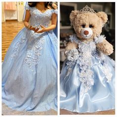 two pictures of a teddy bear dressed in blue and wearing a dress with flowers on it