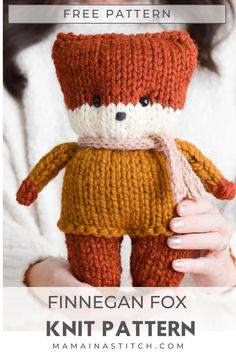 a knitted fox doll with text overlay that reads, free pattern finnegan fox