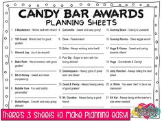 the candy bar awards planning sheet is shown in black and white, with pink lettering