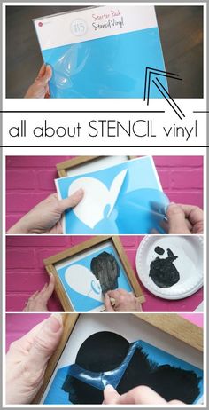 the process to make stencil art is shown in three different pictures, including one with