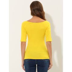 This stylish half-sleeve T-shirt boasts a flattering scoop neck and a sleek, slim fit. An essential piece for any wardrobe, this versatile top can be dressed up or down effortlessly. Pair it with your favorite jeans or denim shorts for a chic look. The stretchy, solid-color design ensures a figure-flattering fit and all-day comfort, allowing you to move with ease. Stretch Solid Color Short Sleeve Top, Solid Color Half Sleeve Tops For Spring, Spring Solid Color Half Sleeve Tops, Casual Yellow Half Sleeve Top, Casual Yellow Tops With Half Sleeve, Stretch Half Sleeve Summer Top, Solid Color Fitted Short Sleeve Top With Scoop Neck, Fitted Half Sleeve Tops For Spring, Summer Stretch Top With Half Sleeves