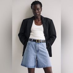 Small Imperfection As Noted In Image Would Fit A Size 2-4, Runs Small Product Features Denim Fabrication High Waist Button With Zipper Closure Longline Please See Studio Image For Most Accurate Colour Please Note: The Wash Of Denim May Vary Across Each Style Long Denim Shorts, Denim Shorts Outfit, White Knit Top, Contrast Dress, Vintage Denim Shorts, Blue Denim Shorts, Denim Short, Australian Fashion, Long Shorts