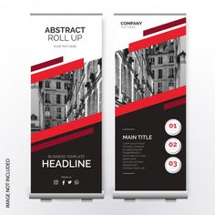 a roll up banner is shown with red and black lines on the front, and back