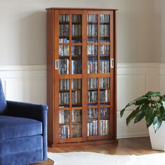 a living room filled with furniture and a tall book case next to a blue chair