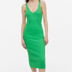 Brand New H&M Green Dress H&m V-neck Spring Dresses, H&m V-neck Midi Dress For Summer, Green Bodycon Midi Dress For Spring, Casual Sleeveless Midi Dress By H&m, H&m Casual Sleeveless Midi Dress, H&m Midi Dress For Spring, H&m Spring Dress For Date Night, H&m Dress For Date Night In Spring, H&m V-neck Summer Midi Dress