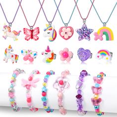 PRICES MAY VARY. 【18 Pcs Kids Bracelet Necklace Ring Set】---There are 18 pcs jewelry set include unicorn pattern, heart pattern, rainbow pattern and other different shape. The pattern of bracelet necklace and ring is one-to-one correspondence. Provide kids with different styles to meet their daily matching 【High Quality Jewelry Set】---Made of high quality material, durable, odorless, safe, resistant and environmentally friendly. Keeping you safe and happy is always our pursuit 【Great Gift For Yo Childrens Jewelry Macy's, Childrens Beaded Jewelry, Luxury Kids Jewelry, Jewelry Toddler, Girls Bracelets, Kids Bracelet, Pattern Rainbow, Jewelry For Girls, Unicorn Pattern