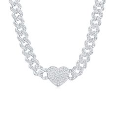 Ross-Simons - 8.25 ct. t. w. Cubic Zirconia Heart Curb-Link Necklace in Sterling Silver. 18". Bedazzled by a grand total of 8.25 ct. t. w. round brilliant-cut CZs, this heart necklace makes a glamorous statement. The sparkly charm is presented by a substantial curb-link chain. Crafted in sterling silver. Double-latch safety. Box clasp, CZ heart curb-link necklace. Heart-shaped Cubic Zirconia Diamond Necklace, Valentine's Day Diamond Necklace With Rhinestones, Dazzling White Heart Necklace, Heart Cut Diamond Necklace With Rhinestones, Heart Cut Rhinestone Necklaces For Anniversary, White Heart-shaped Rhinestone Necklace, White Rhinestone Heart Necklace, Safety Box, Box Clasp