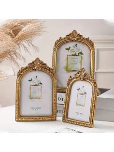 three ornate frames with gold trimmings and floral designs on them, sitting next to each other