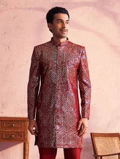 vastramay mens maroon georgette sherwani only top Formal Kurta With Mirror Work For Festive Occasions, Formal Festive Kurta With Mirror Work, Eid Party Bandhgala Straight Kurta, Festive Party Bandhgala Straight Kurta, Formal Kurta With Mirror Work For Diwali, Formal Mirror Work Kurta For Diwali, Red Fitted Sherwani For Transitional Season, Party Sherwani With Dabka In Straight Kurta Style, Party Sherwani With Dabka On Straight Kurta