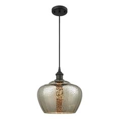 a glass light hanging from the ceiling with a black metal frame and gold glitters on it